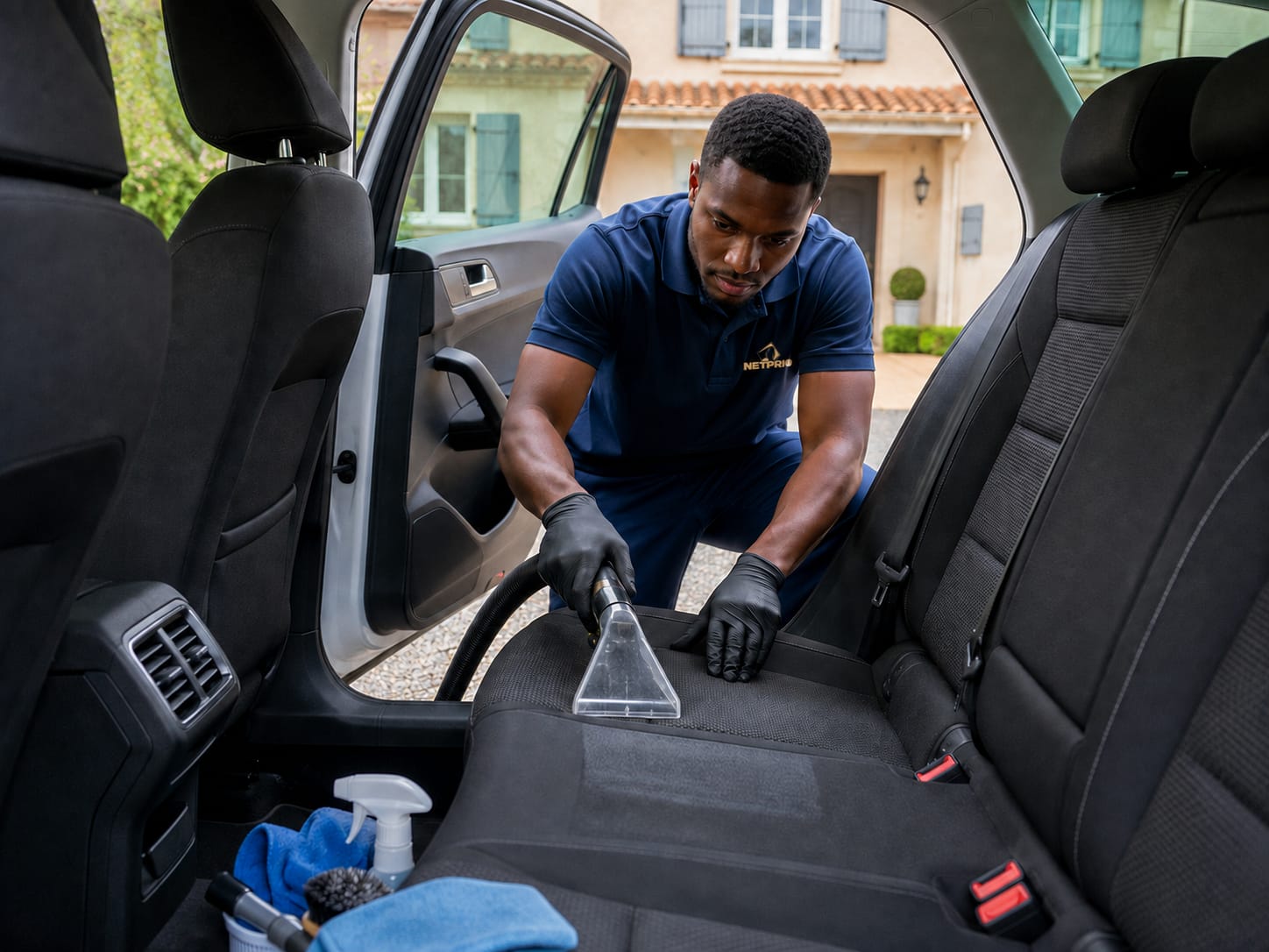 Agent Netprio aspirant la banquette arrière d'une voiture