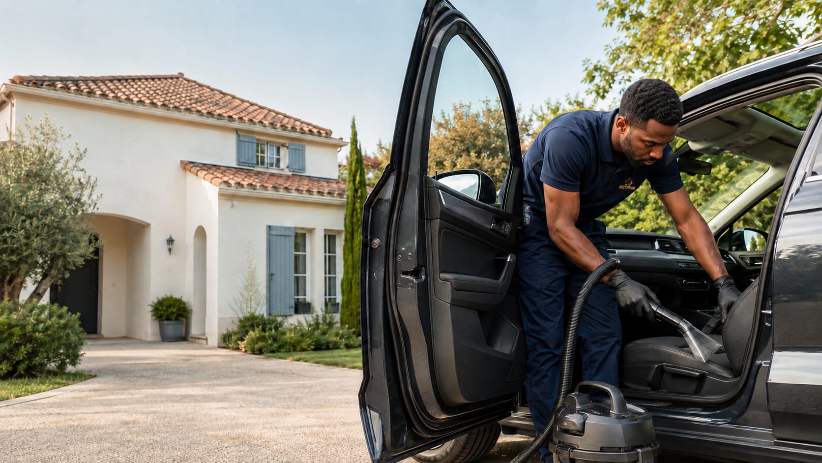 Agent Netprio aspirant l'intérieur d'une voiture, portière ouverte