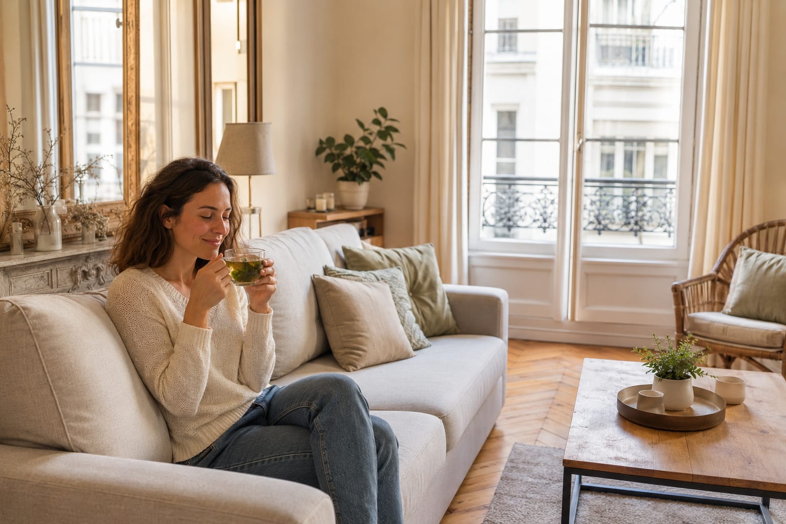 Personne détendue chez elle avec une tasse de thé
