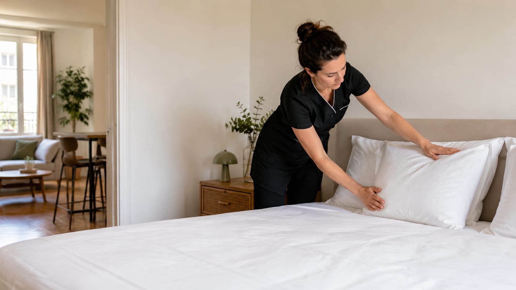 Personne en tenue Netprio préparant un lit dans un logement avant location